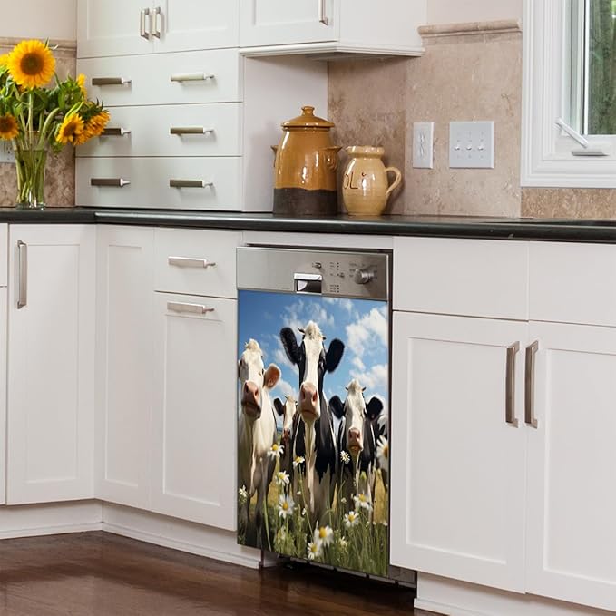 Dishwasher Magnet Cover Farm Animal Cow Daisy Reusable Dishwasher Magnetic Cover Sticker Decorative Dish Washer Door Cover Panel for Home Kitcen Appliance