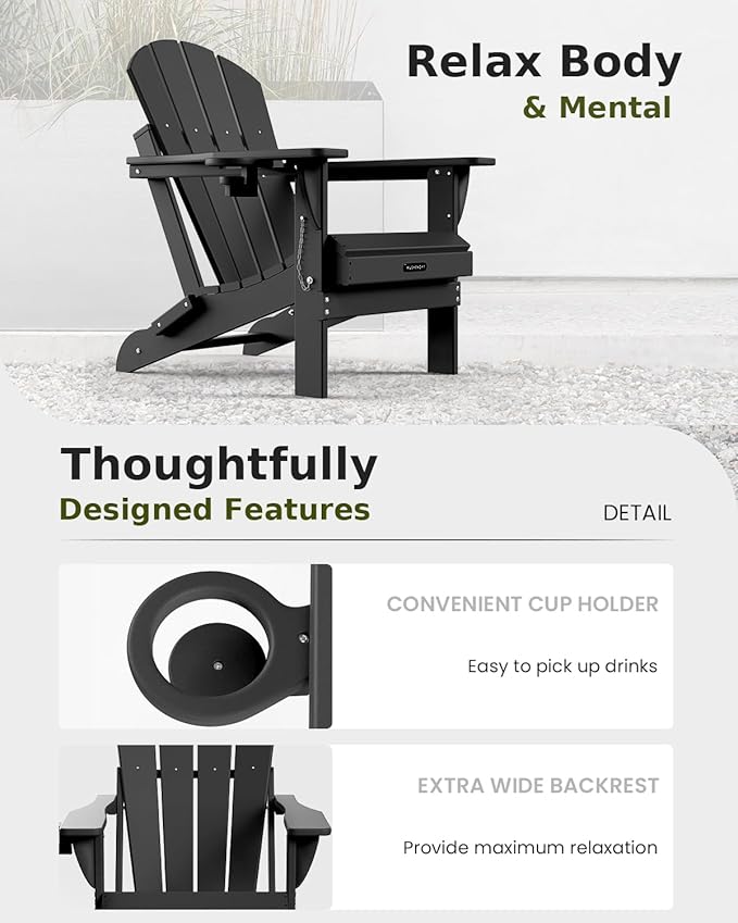 MUCHENGHY Folding Adirondack Chairs 6 Pack, Patio Chairs, Fire Pit Chairs, Outdoor Chairs, Plastic Adirondack Chairs, Lawn Chairs Weather Resistant with Cup Holder for Deck, Backyard, Garden(Black)