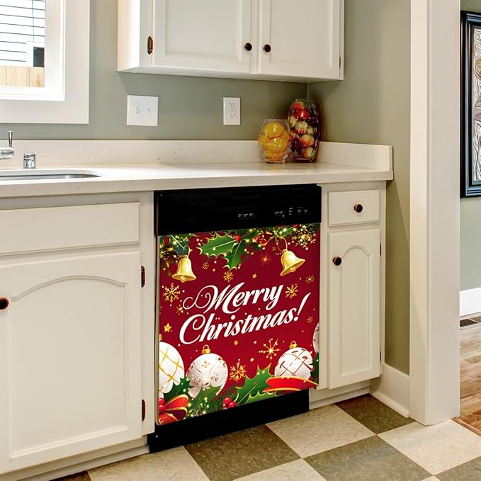 Merry Christmas Bell Flower Dishwasher Magnet Cover, Reusable Refrigerator Panel Stickers Microwave Front Door Covers Magnets for Kitchen Home Appliances Holiday Party Decorations 23 X 26 in