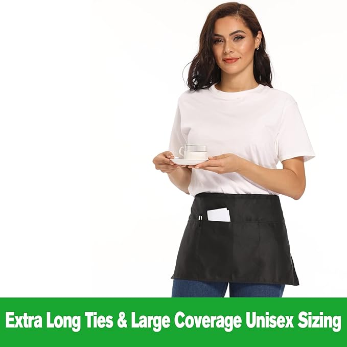 NOBONDO 12 Pack Waitress Aprons with 3 Pockets - White Waist Aprons for Women Men Commercial Waiter Half Apron with Extra Long Straps Reinforced Seams for Restaurant Server Work