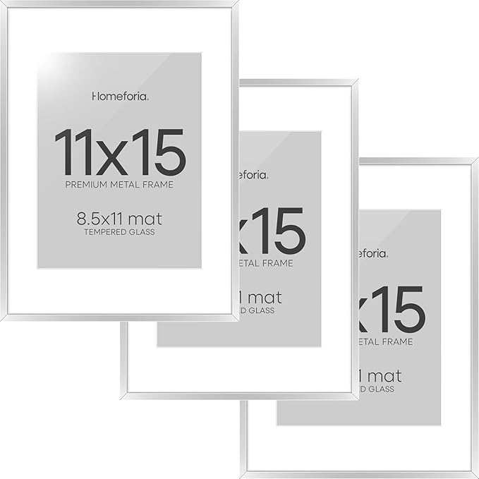 Homeforia 11x15 Picture Frame Silver, High End Metal 11x15 Frames with Mat 8.5x11, 11 x 15 Silver Poster Frames Matted to 8.5 x 11 inch Photo, 11by15 Hanging Frames, Tempered Glass, Wall Kit, Set of 3