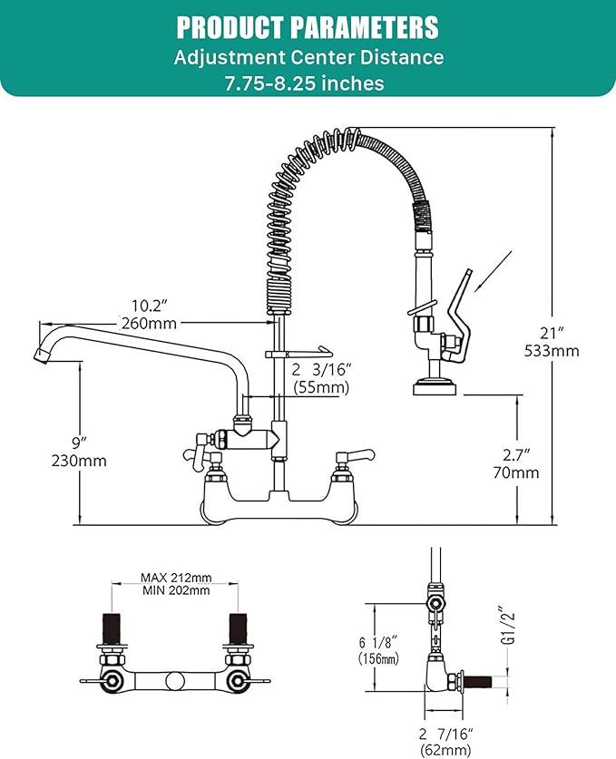 Commercial Kitchen Faucet Heavy Duty Wall Mount Sink Faucet, 8 Inch Center 25 Inch Commercial Kitchen Faucet with Pre-Rinse Sprayer （Black） and 10 Inch Add-On Spout for 1,2,3 Compartment Sinks