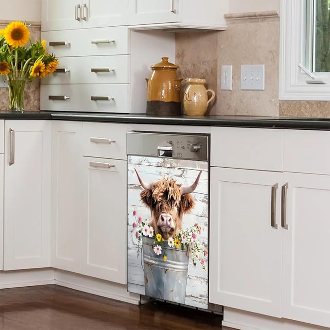 cfpolar Dishwasher Magnet Cover for The Front Dishwasher Door Cover Panel Decals Flower Cute Highland Cow Magnetic Refrigerator Cover for Kitchen Farmhouse Home Decor（23 X 26 in）