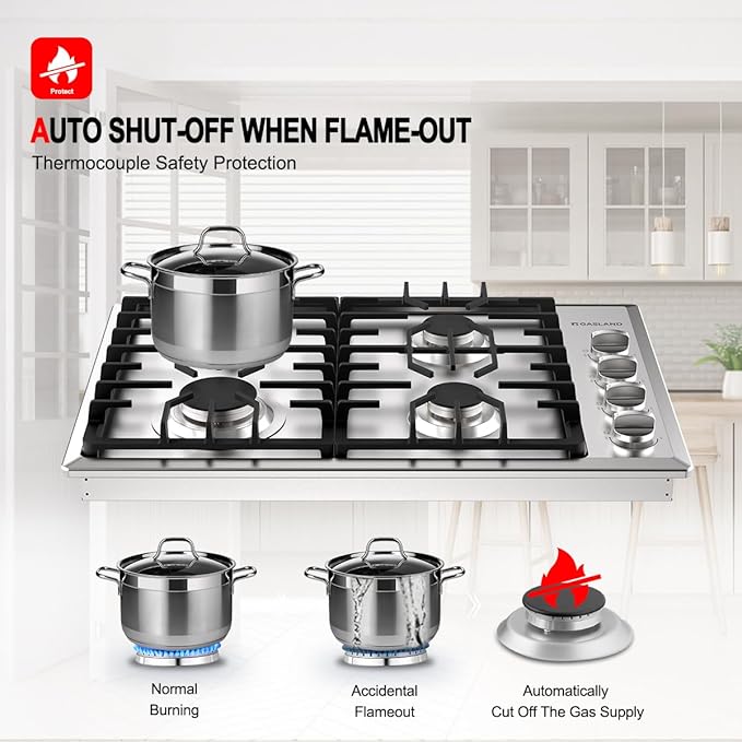 GASLAND 30 Inch Gas Cooktop with 4 Burners PRO GH2304SS,NG/LPG Convertible Natural Gas Propane Cooktops, Auto Ignition, Thermocouple Protection