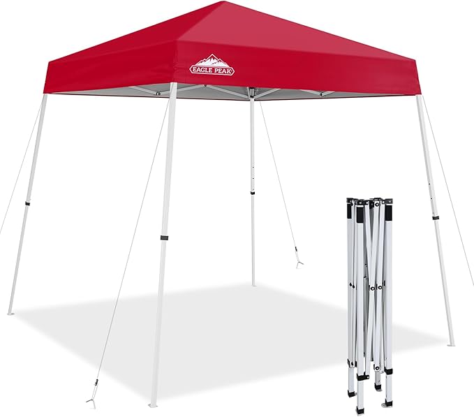 EAGLE PEAK 8x8 Slant Leg Pop-up Canopy Tent Easy One Person Setup Instant Outdoor Beach Canopy Folding Portable Sports Shelter 8x8 Base 6x6 Top (Red)