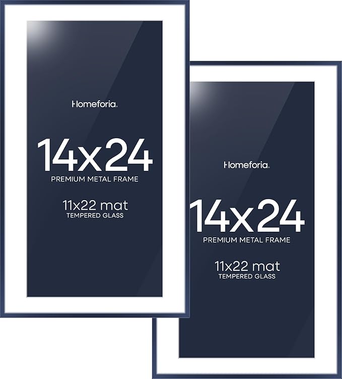 Homeforia 14x24 Picture Frame Navy Blue, High End Metal 14x24 Poster Frames with Mat 11x22 Photo, 14 x 24 Navy Blue Frame Matted to 11 by 22 Print, 24x14 Thin Frame, Tempered Glass, Wall Kit, Set of 2