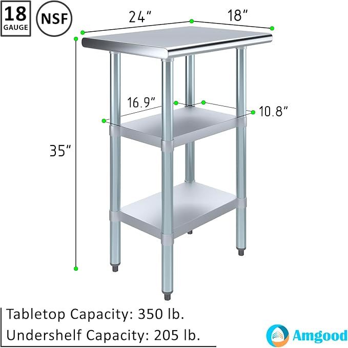 AmGood Stainless Steel Work Table with 2 Shelves | NSF | Metal Utility Table (24" Long x 18" Deep)