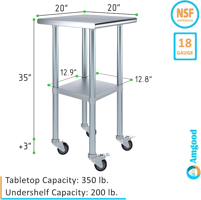 AmGood 20" Long x 20" Deep Stainless Steel Table with Casters