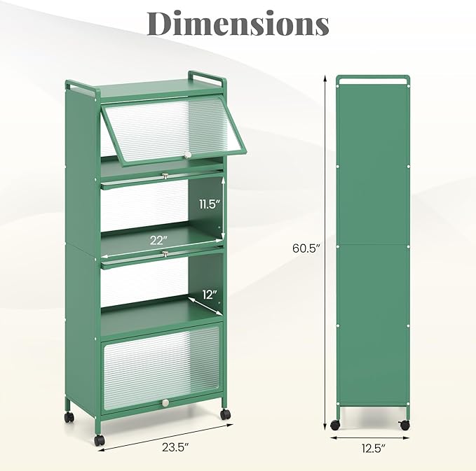 Giantex 5-Tier Kitchen Storage Cabinet, Mobile Microwave Stand with Flip-up PC Doors, Freestanding Kitchen Bakers Rack with 4 Rolling Casters, for Dining Room, Living Room and Study, Green