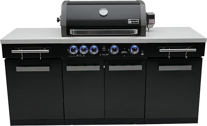 Mont Alpi Premium 70"W x 24"D Black Stainless Steel Compact Outdoor Kitchen Island with Access Doors + 32"W 4-Burner BBQ Grill with Infrared Rear Burner + Storage Cabinets + White Granite Countertops
