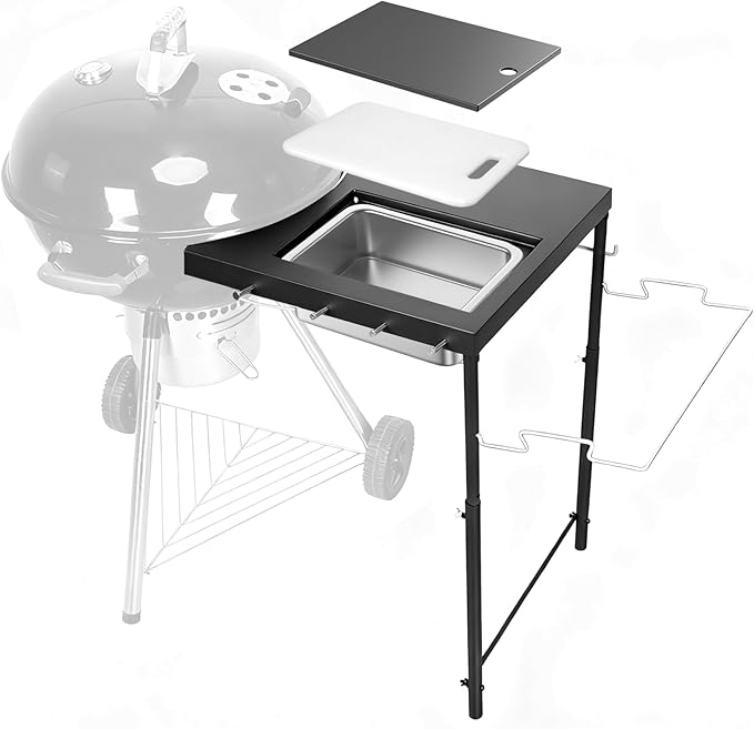 All-in-One Grill Table for Weber Kettle 22"/18"/26" & Smokey Mountain, Recteq Pellet Grill RT-B380, Prep Station with Cutting Board, Basin, 4 Hooks, Heavy-Duty Steel Side Shelf for Outdoor Cooking