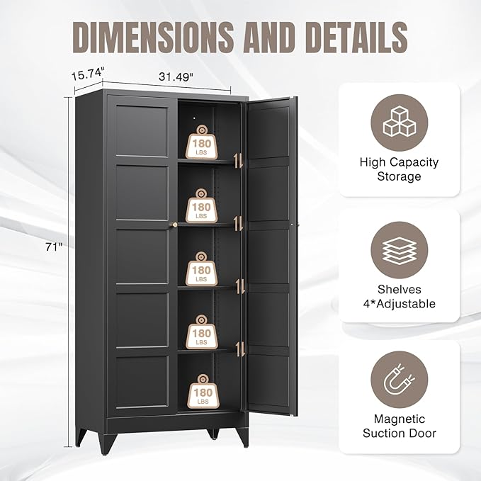 Yizosh Metal Storage Cabinet with 2 Doors and 4 Adjustable Shelves - 71" Black Kitchen Pantry Storage Cabinet,4-Tier Tall Steel Cabinet Locker for Living Room,Dining Room,Kitchen