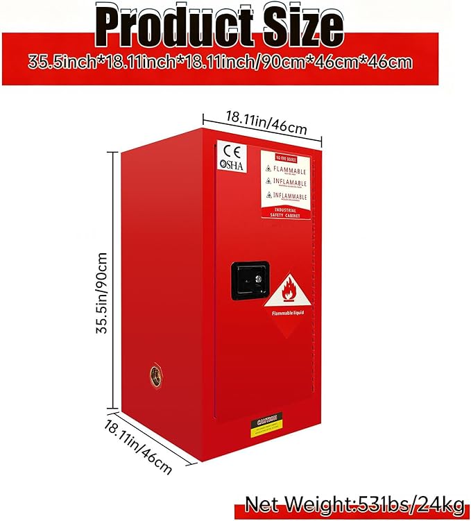 30 Gallon Red Flammable Safety Cabinet 18" x 18" x 36", 18 Gauge Steel Heavy-Duty Fire Cabinet, Manual Close & Double Vent Design for Commercial, Industrial & Residential Use