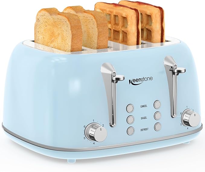 Keenstone Toaster 4 Slice, Retro Stainless Steel Wide Slot Toaster with Dual Independent Controls, 6 Browning Levels, Bagel, Defrost, Reheat & Cancel, Removable Crumb Tray, Blue