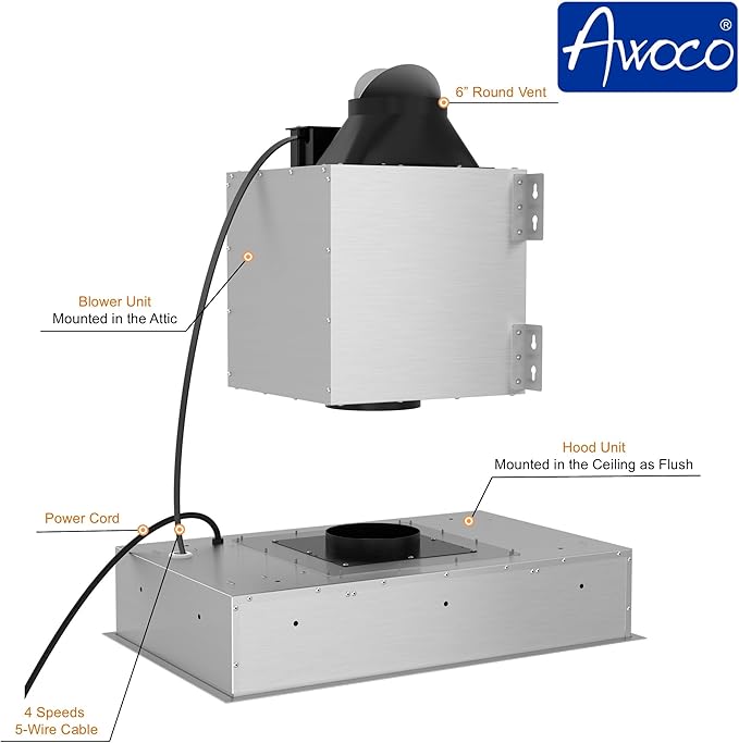 Awoco 30”W Flush Ceiling Mount Split Insert Range Hood, Stainless Steel 4 Speeds 800 CFM, 6” Round Vent LED Lights Remote Control (30"W 19"D 6" Vent)