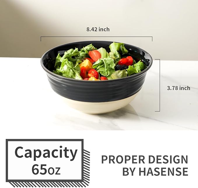 HASENSE Porcelain Serving Bowls, 60 oz Salad Mixing Bowls Set of 2, 8.5 Inch Large Serving Dishes for Entertaining, Perfect for Salad, Soup, Pasta, and More, Dishwasher Microwave Safe, Black