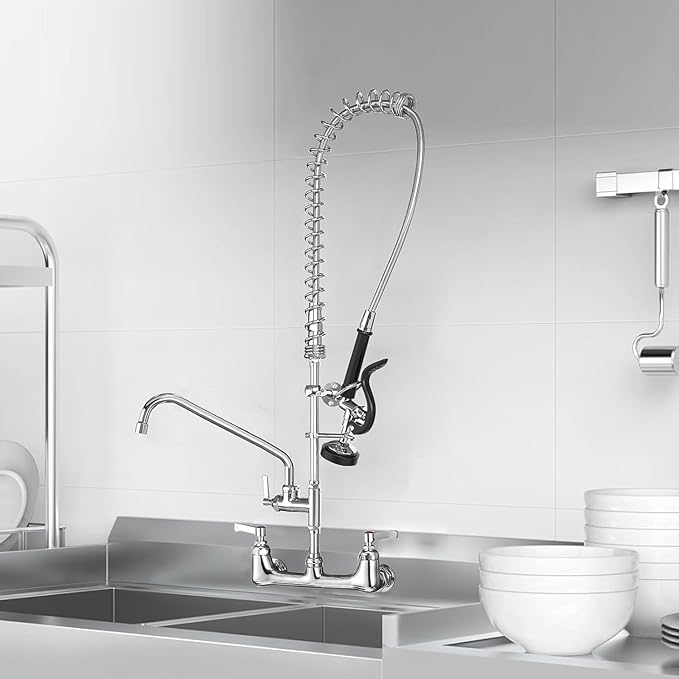 Commercial Faucet with Sprayer for Kitchen Staff: 43 Inches Commercial Faucet Pre Rinse Sprayer 8 inch Center Wall Mount Kitchen with 12 inch Add on Spout