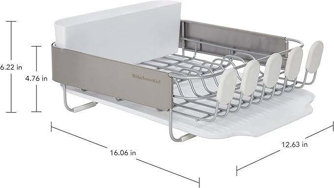 KitchenAid Compact Satin Wire Rust Resistant, Expandable Dish Rack with Angled Self Draining Drainboard with Removable Flatware Caddy, 23.18-Inch, Gray