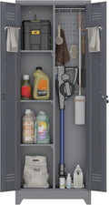 65" H Metal Storage Cabinet,Broom Closet Storage Cabinet with Adjustable Shelves,Locking Steel Cabinets with Pegboard and Hanging Rod,Utility Closet for Brooms and Mops,Grey