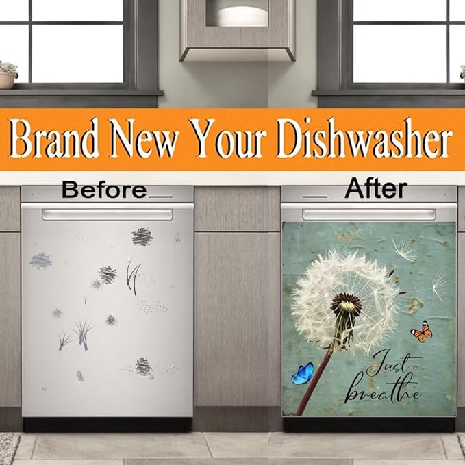 Farm Floral Dandelion Dishwasher Magnet Cover,23"" x 26"" Dishwasher Cover,Retro Countryside Butterfly Magnetic Decal Vinyl Sticker Kitchen Decor Refrigerator Magnets Self Adhesive Wrap, Just Breathe