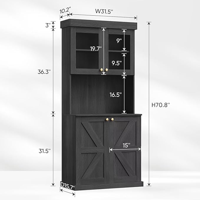 Vyre 71" Farmhouse Kitchen Pantry Cabinet Set of 3, Black Freestanding Coffee Bar Hutch with Glass Doors & Adjustable Shelves, Large Storage Cabinet with Microwave Stand for Living Room & Kitchen