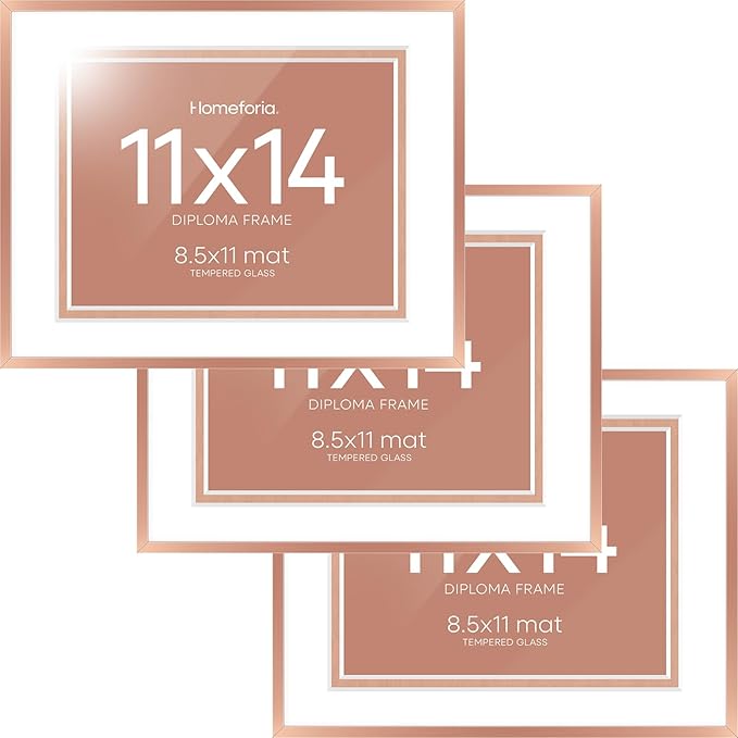 Homeforia 11x14 Diploma Frame Rose Gold, High End Metal 11 x 14 Certificate Frames with Mat 8.5x11, 14x11 Document Frame Matted to 8.5 x 11, Award Graduation Frames, Tempered Glass, Wall Kit, Set of 3