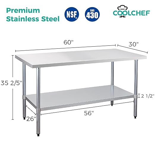 COOLCHEF Stainless Steel Work Table 30 x 60 Inch, NSF Commercial Prep Table with Undershelf, Heavy Duty Food Prep Workstation