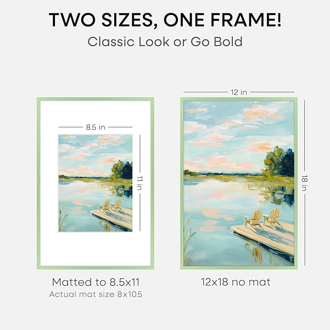 Homeforia 12x18 Picture Frame Sage Green, High End Metal 12x18 Poster Frames with Mat 8.5x11 in Photo, 12 x 18 Sage Green Frame Matted to 8.5 by 11 Art, 18x12 Frame, Tempered Glass, Wall Kit, Set of 2
