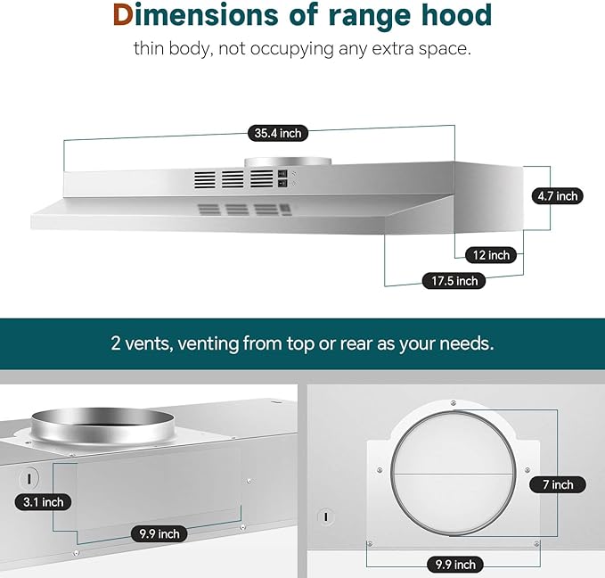 SNDOAS 36 inch Range Hood,Under Cabinet Range Hood 36 inch in Stainless,Ductless Range Hoods with Carbon Sponge Filter,230 CFM Stove Hood with 2-speed Fan,Hard Wired Kitchen Exhaust Hood