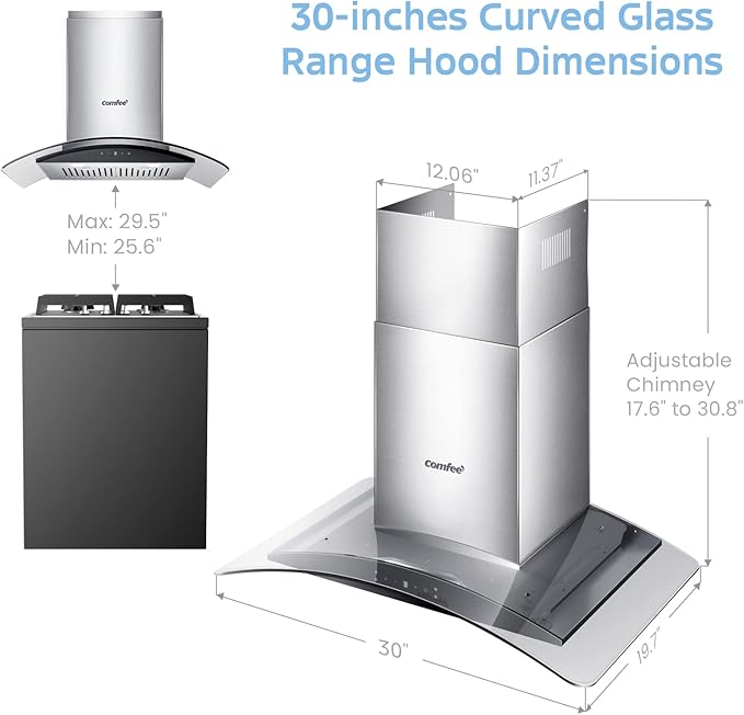 COMFEE' Curved Glass Range Hood 30 Inch 450 CFM 3 Speed Gesture Sensing &Touch Control Panel Stainless Steel kitchen Ductless/Ducted Convertible with Baffle Filters and 2 LED Lights (CVG30W9AST)