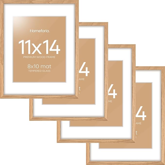 Homeforia 11x14 Picture Frame Wood, High End Natural Oak 11x14 Light Wooden Poster Frames with Mat 8x10, 11 x 14 Frames Matted to 8 x 10 Photo, 14x11 Hanging Frames, Tempered Glass, Wall Kit, Set of 4