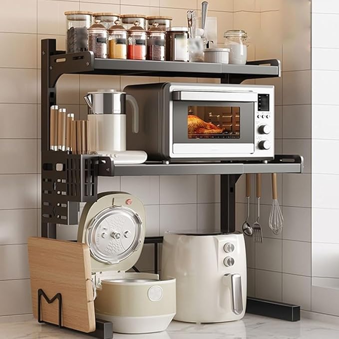 3-Tier Microwave Stand, Expandable(15.4"- 24.4") Heavy Duty Adjustable Shelf Microwave Oven Rack, Kitchen Countertop Organizer and Storage, Organizer Shelf for Rice Cooker Shelf