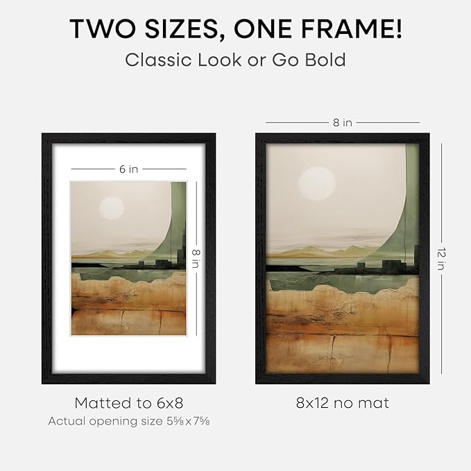 Homeforia 8x12 Black Picture Frame, High End Oak 8 x 12 Wood Frames with Mat 6 by 8 Print, 8by12 Wooden Frame Matted to 6x8 inch Photo, 12x8 Wall or Tabletop Frames, Tempered Glass, Wall Kit, Set of 2