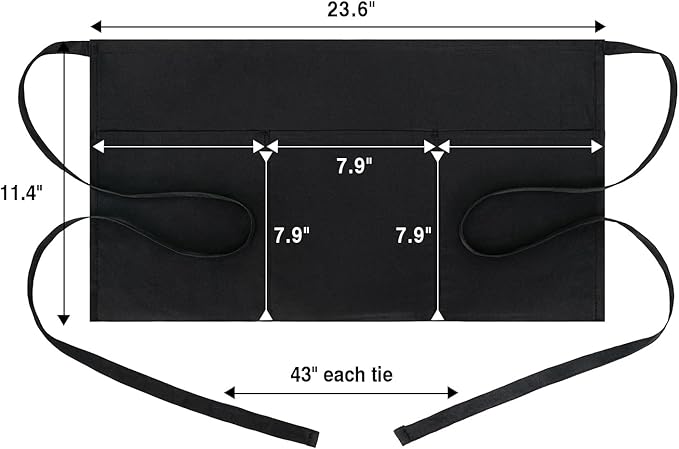 BOHARERS Waist Apron with 3 Pockets - Black Waitress Waiter Server Short Aprons