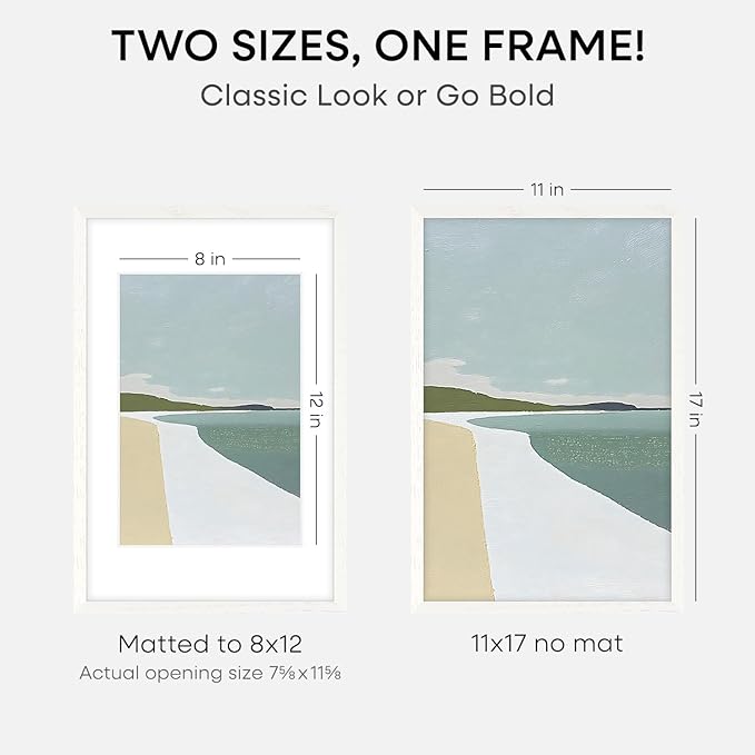 Homeforia 11x17 White Wood Frame, High End Oak 17 x 11 White Wooden Picture Frames with Mat 8 by 12, 11x17 Poster Frame Matted to 8x12 inch Photo, 17x11 Thin Frames, Tempered Glass, Wall Kit, Set of 3