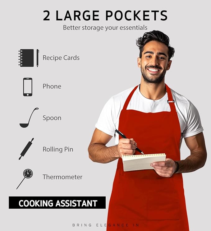 Syntus 12 Pack Bib Apron, Unisex Aprons Adjustable Waterdrop Resistant with 2 Pockets Cooking Kitchen Apron for Chef, BBQ Drawing Apron Bulk, Red