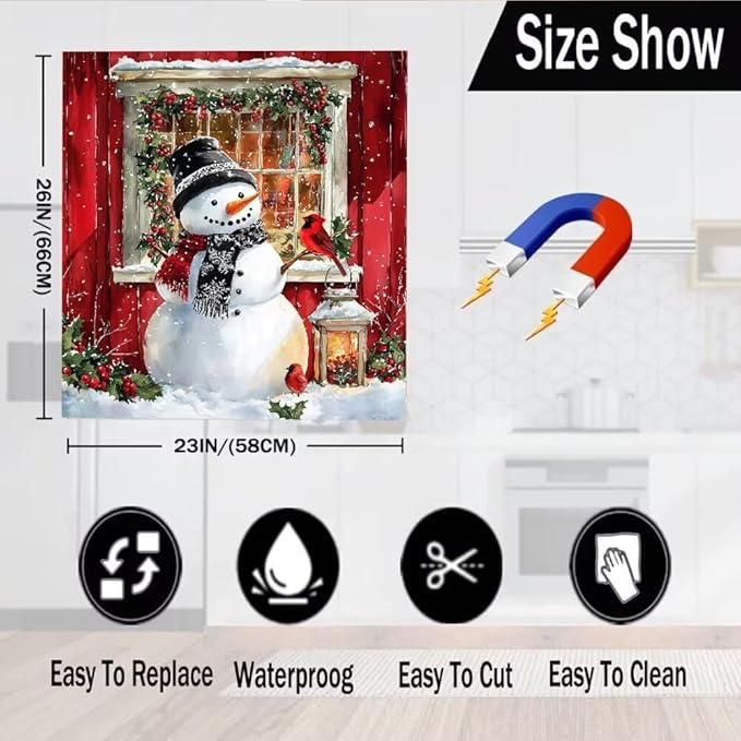 Christmas Snowman Magnetic Dishwasher Cover Vinyl Sticker,Red Barn Winter Scene Dishwasher Magnet Cover, Xmas Bird Fridge Door Cover Magnets Art Skin Panel Decal for Home Decor, 23"X26"