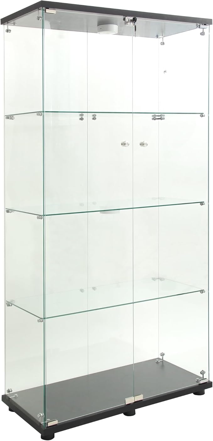 64.5" H 4-Shelf LED Lights Glass Display Cabinet with Double Door,Modern Curio Cabinet Collection Display Case,Floor Standing Bookshelf Glass Case with Lock for Living Room,Home Office (Black)