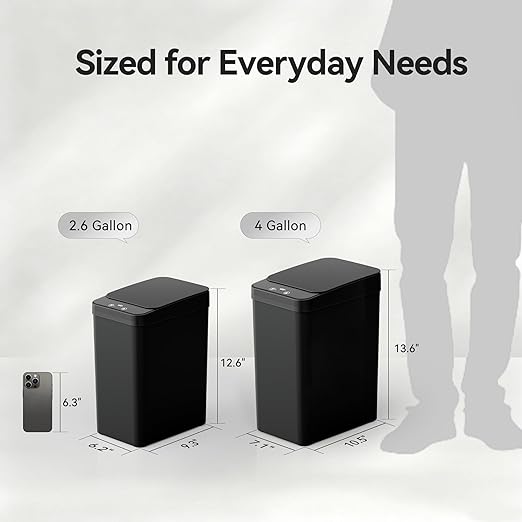 Motion Sensor Trash Can, 2 Pack 2.6 Gallon Automatic Touchless Garbage Can, Small Smart Trash Can, Slim Waterproof Trash Bin for Bedroom, Bathroom, Office, Living Room, Black
