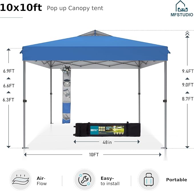 MFSTUDIO 10x10 Pop up Canopy Tent, Gazebo Shelter Sun Shade Canopies One Push Setup Portable Popup Easy Set up Tents with Vented Top,Storage,4 Sandbags,for Beach,Parties,Camping