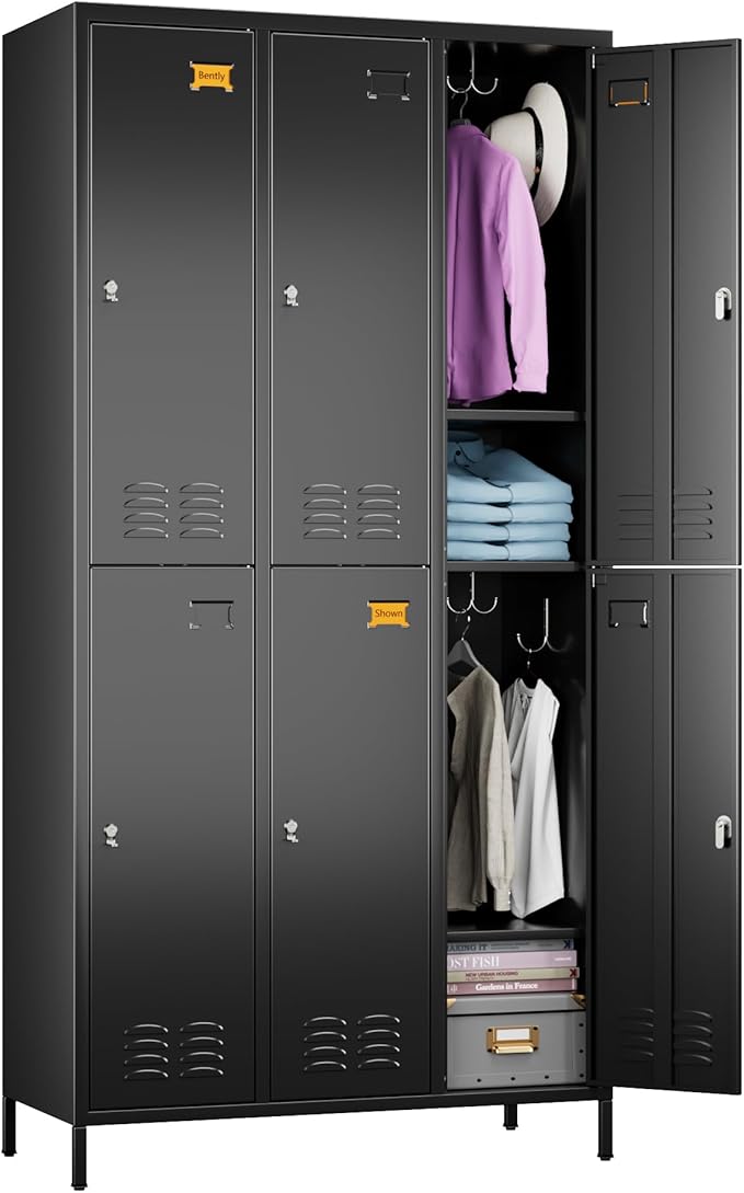 METAN Metal Locker for School Office Gym Bedroom,6 Doors Steel Storage Lockers Cabinet for Employees,Industrial Storage with 1 Shelf,Assembly Required,Black