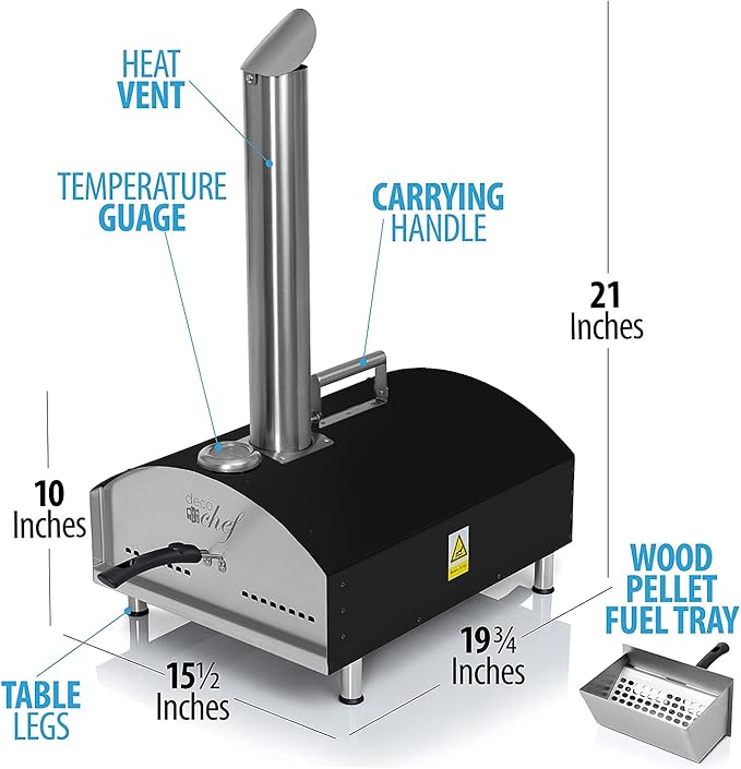 Deco Chef Outdoor Pizza Oven with 2-in-1 Pizza and Grill Oven Functionality, 13" Pizza Stone, Portable 3-Layer Stainless Steel Construction, Pizza Peel, Dough Scraper, Scoop, Slotted Grill (Black)