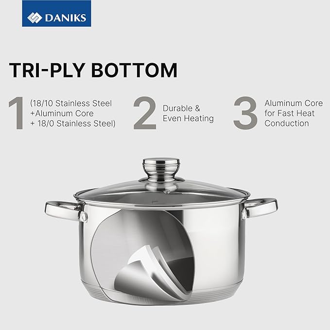 Daniks Standard 10 Quart Stainless Steel Stock Pot with Glass Lid, Tri-Ply Bottom for Even Heating, Induction Compatible, Dishwasher Safe, Built-In Measuring Scale, Silver