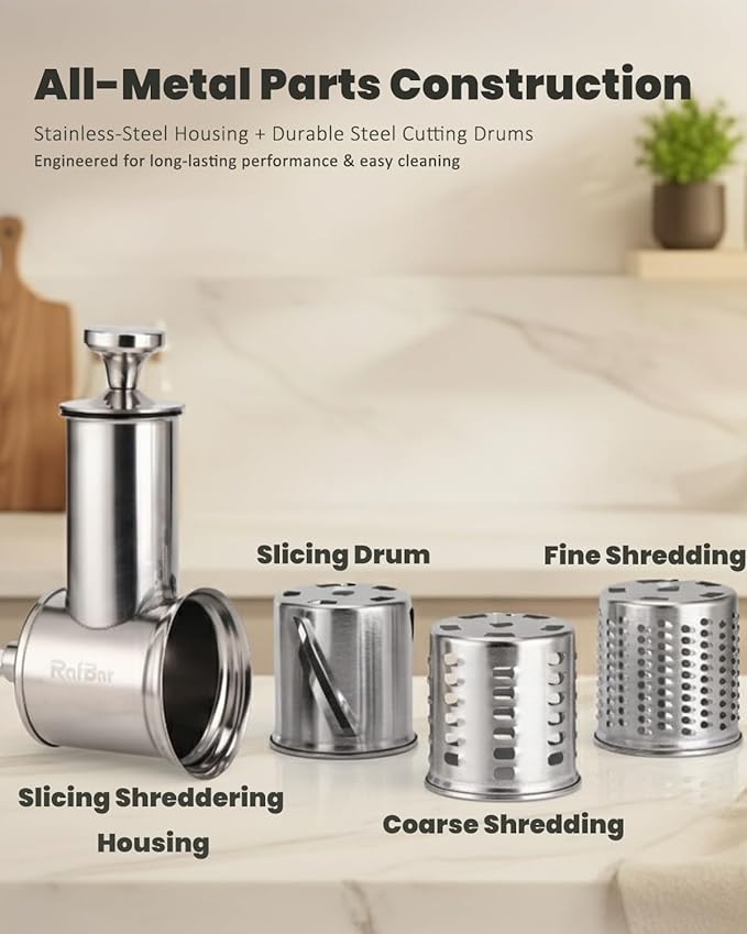 Stainless Steel Slicer Shredder Attachment for KitchenAid Stand Mixer, Large-Capacity Vegetable Slicer & Cheese Grater with 3 Stainless Steel Blades, Dishwasher Safe Food Processor Accessory by Rafbar