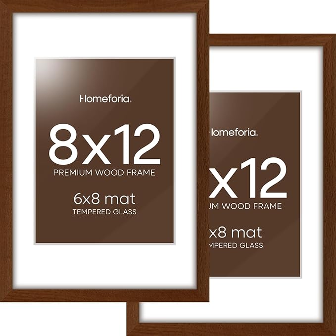 Homeforia 12x8 Picture Frame Brown, High End Dark Oak 8x12 Walnut Wooden Frames with Mat 6x8 Photo, 8 x 12 Wood Frame Matted to 6 by 8 Print, Wall or Tabletop Frame, Tempered Glass, Wall Kit, Set of 2