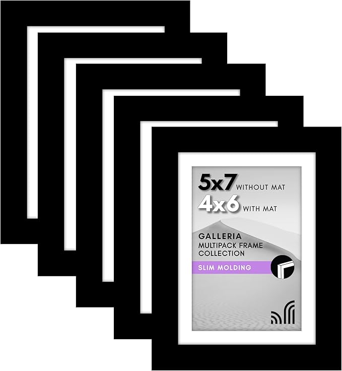 Americanflat 5x7 Picture Frame with Polished Plexiglass - Set of 5 - Use as 4x6 Frame with Mat or Display 5x7 Photo Without Mat - Galleria Collection - Picture Frames for Tabletop and Wall - Black
