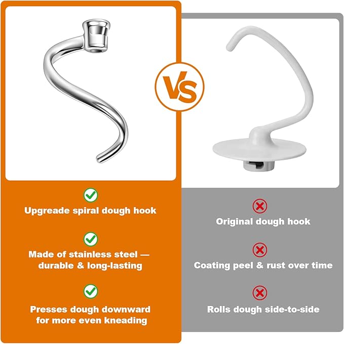 Stainless Steel Spiral Dough Hook for Kitchen Aid 4.5QT / 5QT Tilt-Head Mixers, Dishwasher Safe, Dough Hook Attachment - Efficient Kneading for Bread, Pizza, Pasta, Cookies