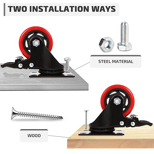 Nefish Casters Wheels Set of 4, 3 Inch Heavy Duty Caster with Brake 1200 Lbs, Safety Dual Locking Plate Castors, Top Swivel Wheels, No Noise Polyurethane for Furniture, Dollies, Trolleys (LJ-PC-3IN)