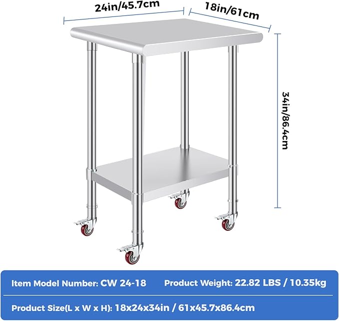 OSTBA Stainless Steel Table for Prep & Work 24x18 Inches with Casters Wheels, NSF Metal Commercial Heavy Duty Table with Adjustable Undershelf for Restaurant Kitchen Home and Hotel