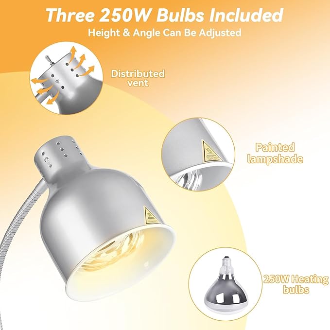 Food Heat Lamp,500W Commercial Food Warmer Lamp,Adjustable Food Warming Light with 3 Bulbs,2 Head Catering Heating Lamp for Kitchen Cafeteria Restaurant Buffet Parties